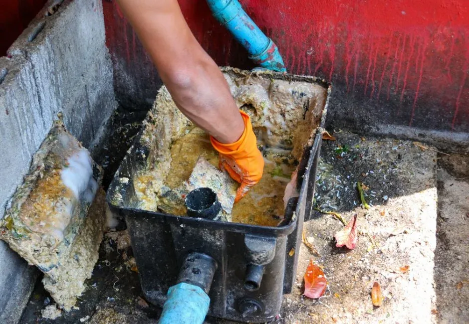 Technician servicing an accessible commercial grease trap
