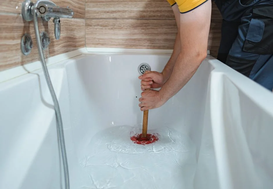 Technician clearing a slow bathtub drain