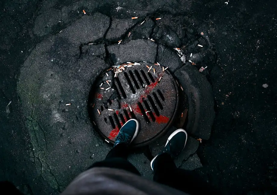A pair of sneakers on cracked asphalt near a dirty manhole covered with cigarette butts.