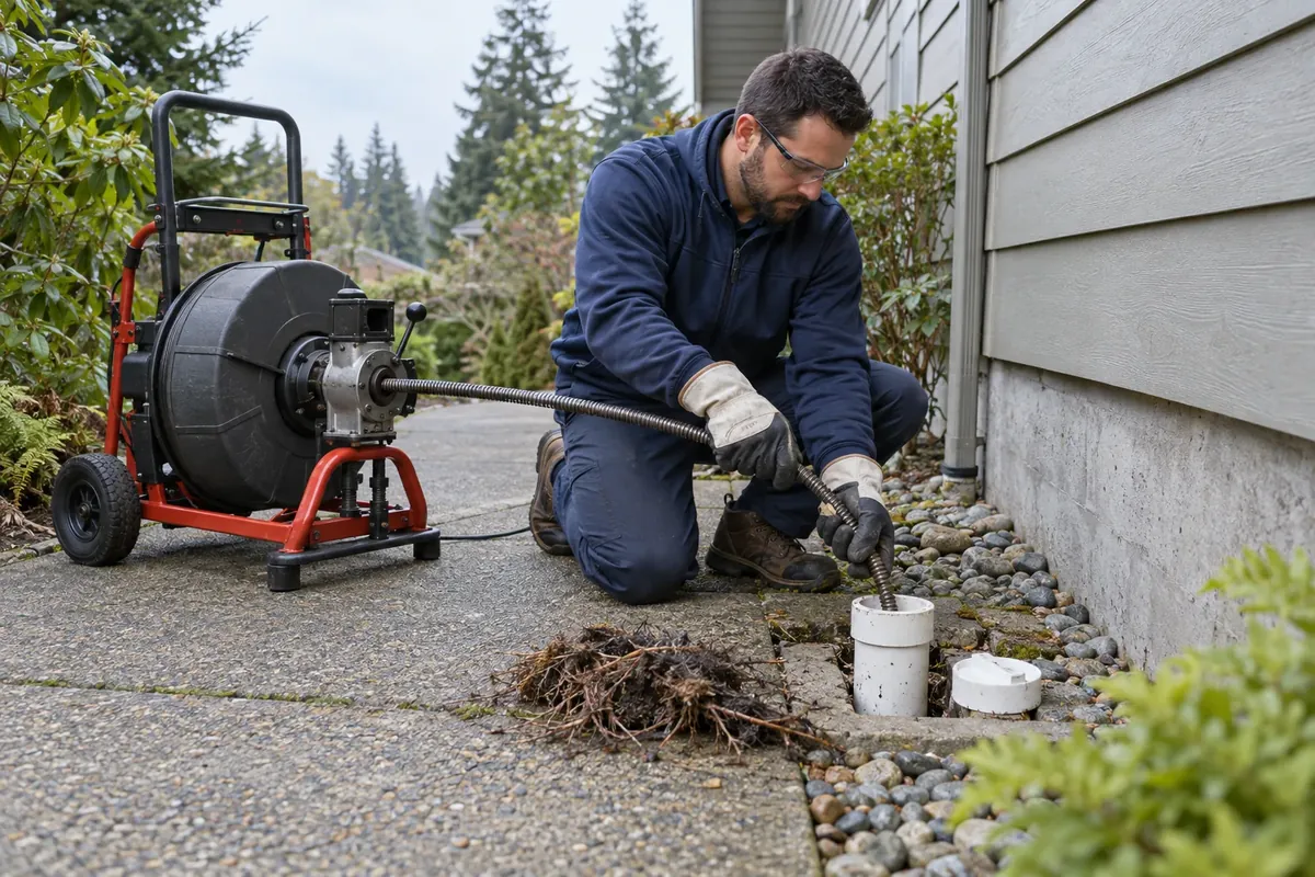 Technician operating sewer rooter equipment at an outdoor cleanout