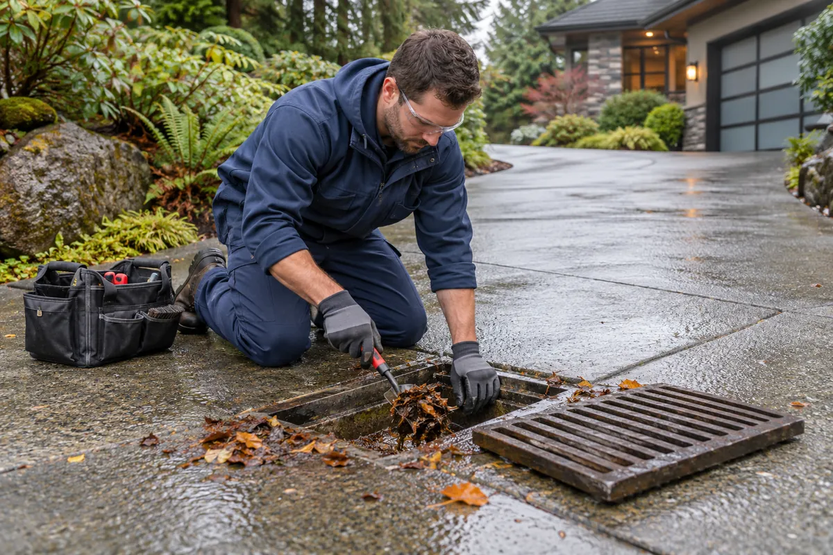 Technician removing leaves from a private driveway storm drain
